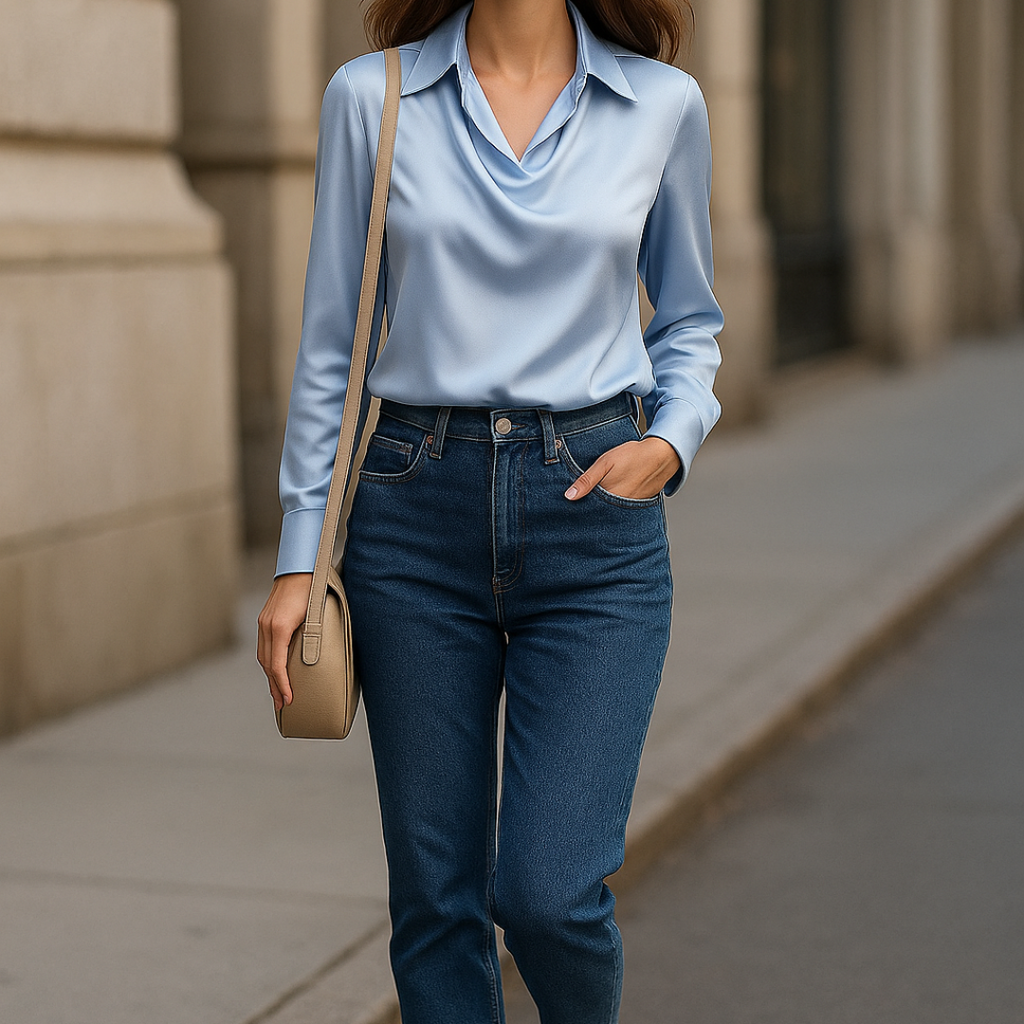 Carmen – Blusa Brillante con Cuello Plisado